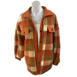 Bibi Multicolor Plaid Gingham Button Up Sherpa Sweater Shacket Shirt Jacket Sz S
